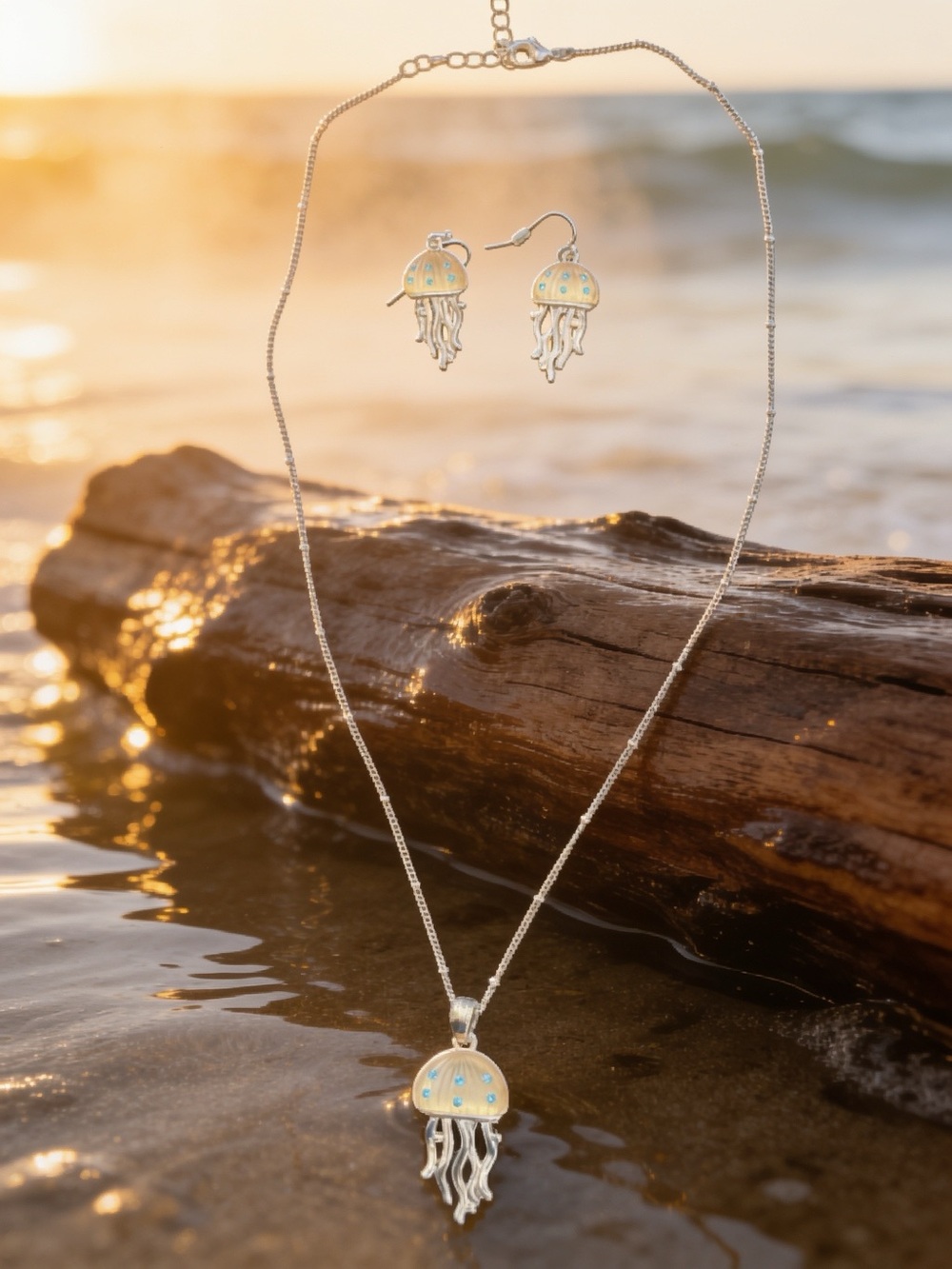 Silver, Ivory, & Blue Jellyfish Necklace and French Hook Earrings Set -